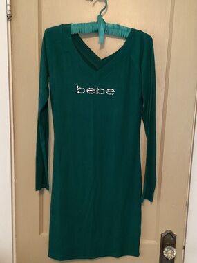 bebe Teal Long Sleeve V-Neck Logo Dress
